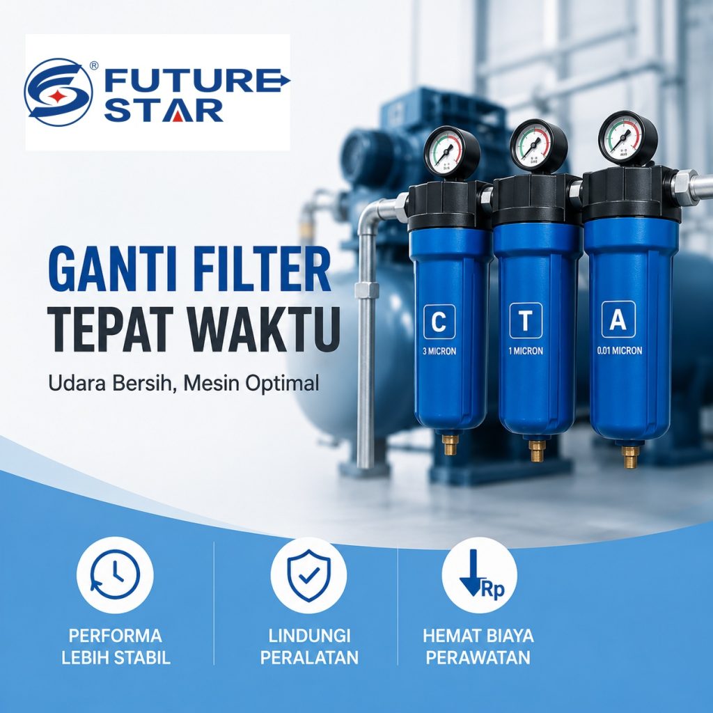 Teknisi memeriksa precision air filter pada sistem air compressor industri untuk memastikan kualitas udara dan efisiensi produksi