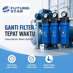 Teknisi memeriksa precision air filter pada sistem air compressor industri untuk memastikan kualitas udara dan efisiensi produksi
